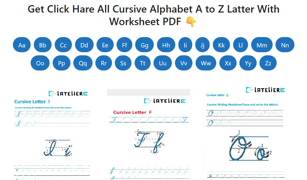 All cursive alphabet A to Z writing guide with worksheets PDF download – includes uppercase and lowercase cursive letters, step-by-step tracing practice, and full learning process with text and video methods