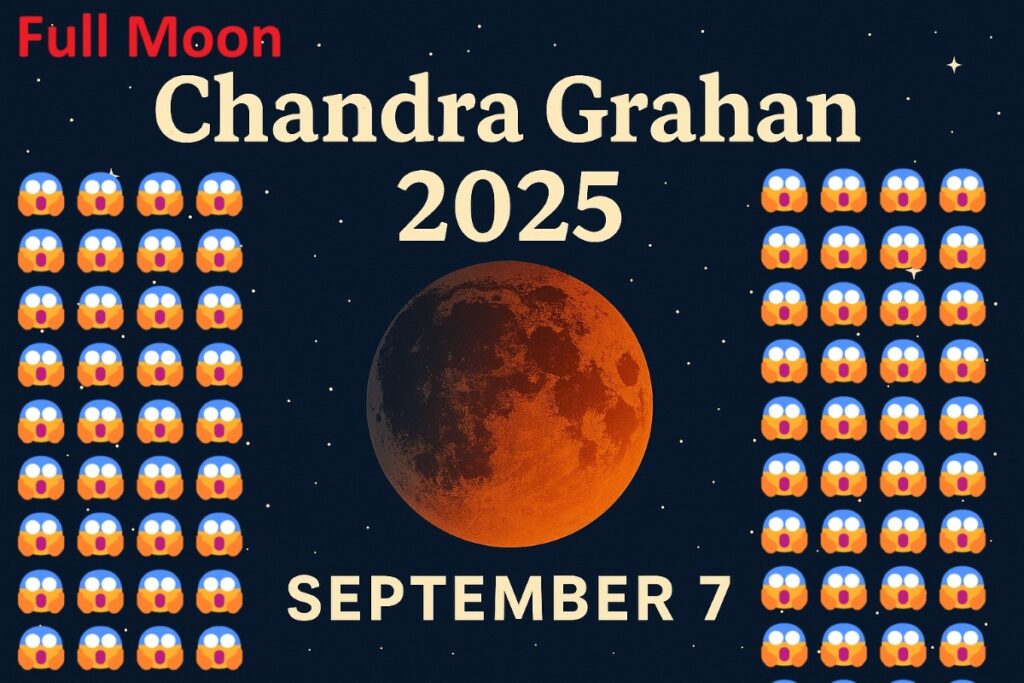 Digital illustration of Chandra Grahan 2025 showing a reddish lunar eclipse against a dark starry sky. The text “Chandra Grahan 2025 September 7” is written in bold cream-colored letters above and below the moon.